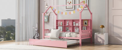 Wooden House Bed with Trundle, Pink