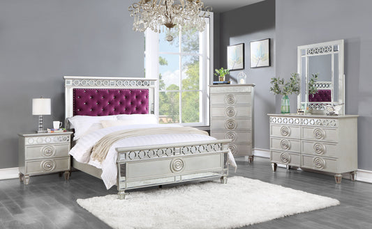 ACME Varian Burgundy Velvet, Silver & Mirrored Bed