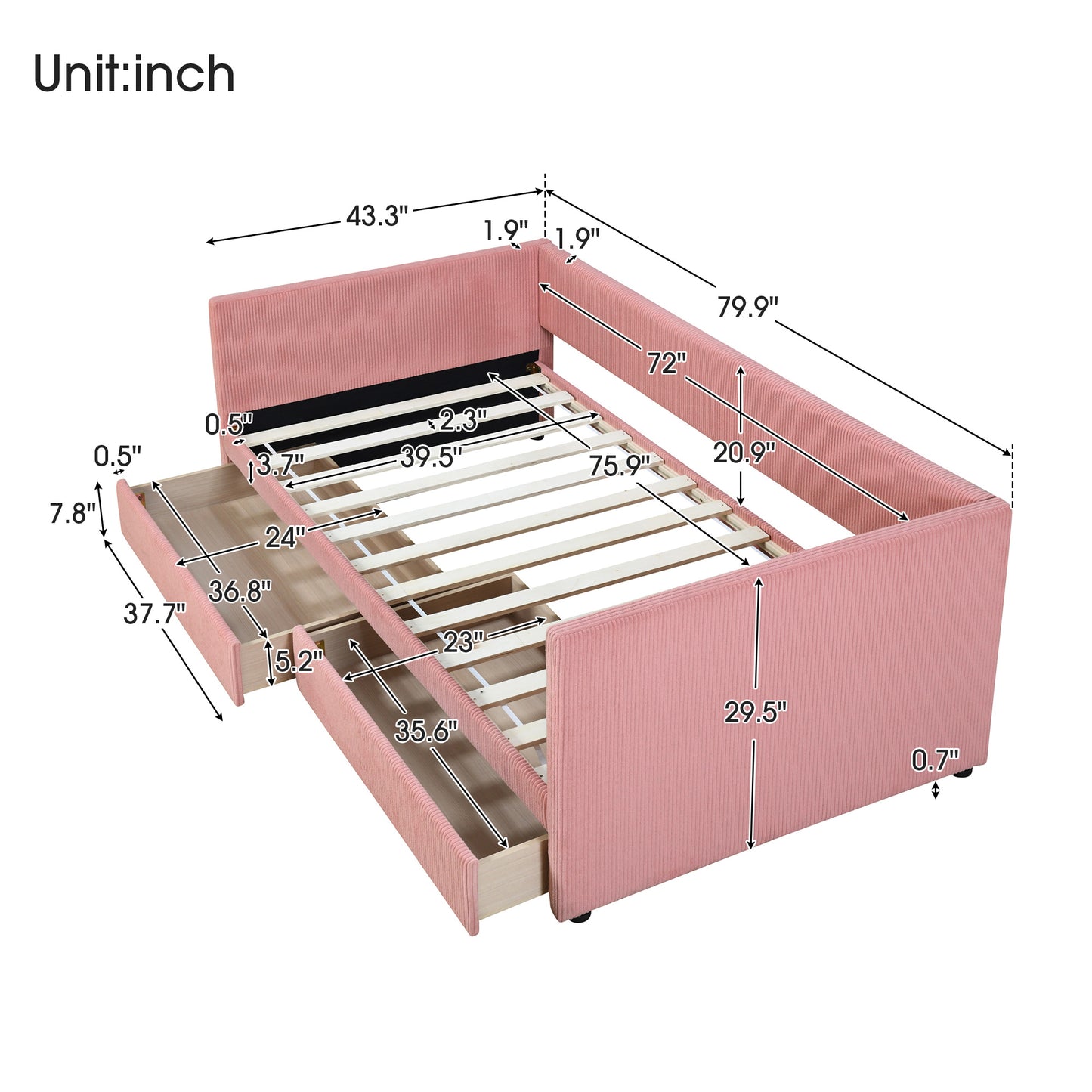 corduroy bed with two drawers and wood slat, pink