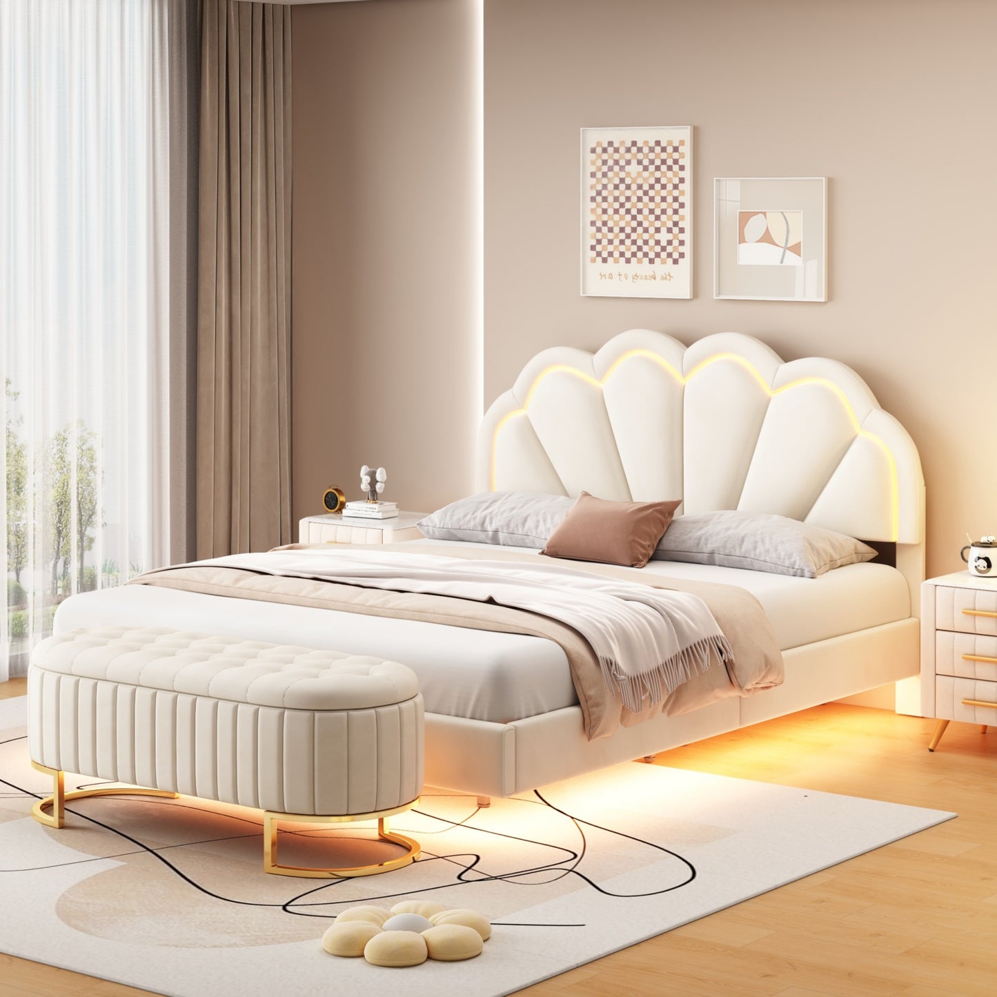 2-pieces upholstered led platform bed with storage ottoman-velvet