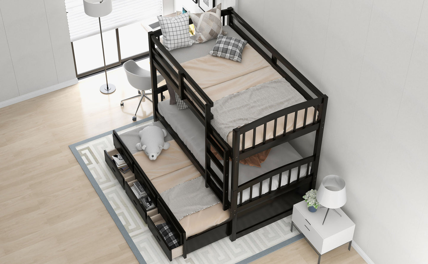 twin over twin wood bunk bed with trundle and drawers,white