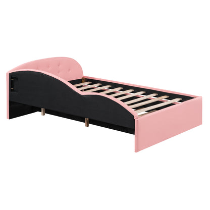 PU Upholstered Tufted Daybed with Trundle and Cloud Shaped Guardrail, Pink