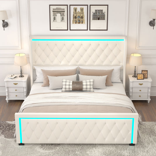 Velvet Upholstered Bed with Deep Tufted Buttons & Adjustable Colorful LED Light, Beige