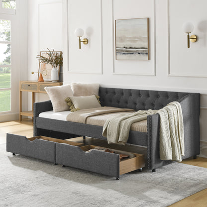 Upholstered Tufted Sofa Bed with drawers in grey