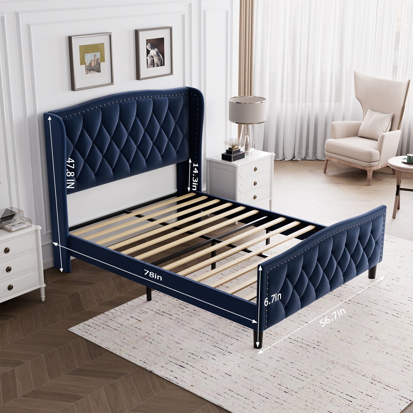 velvet upholstered platform bed with wingback headboard, blue