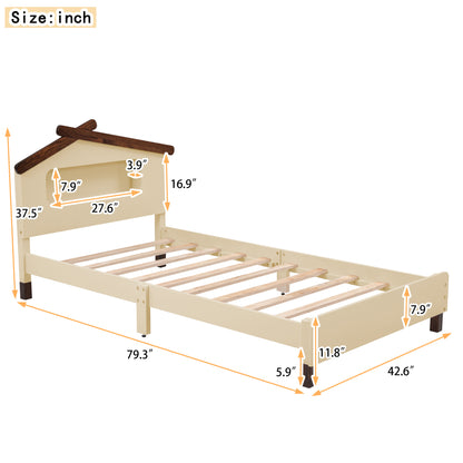 Wood Platform Bed with House-shaped Headboard and Motion Activated Night Lights, Cream+Walnut