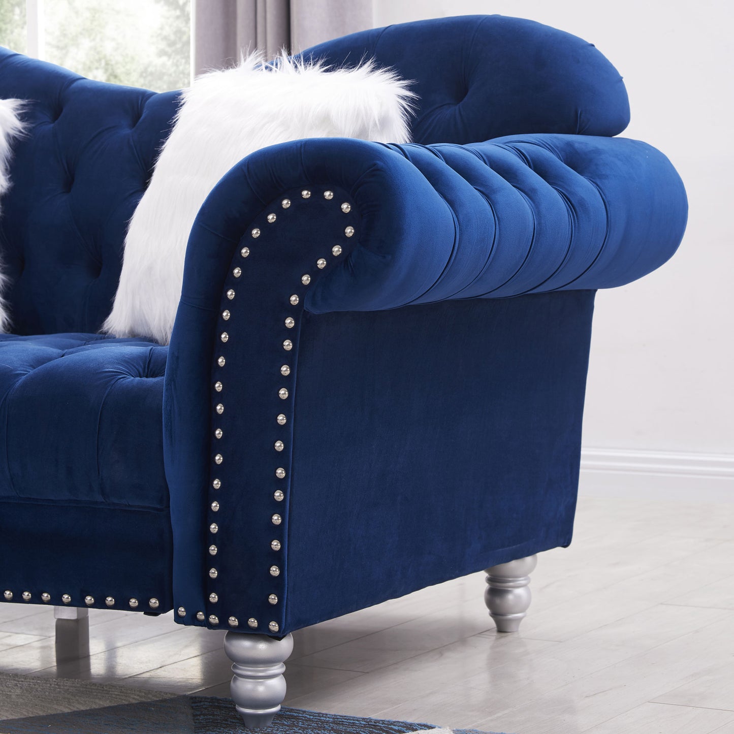 3 piece sofa set with five white villose pillow, blue