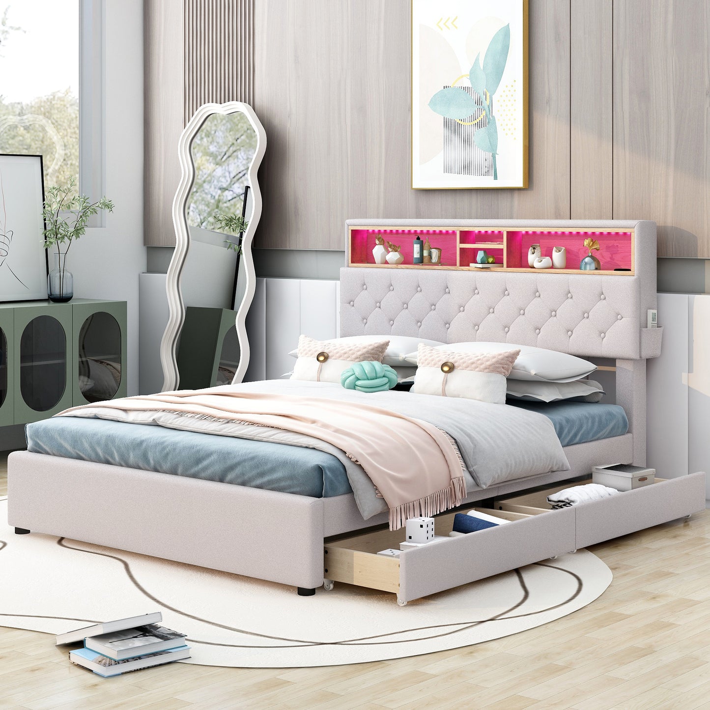 upholstered bed with storage headboard, led, usb charging and 2 drawers