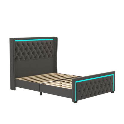 Velvet Upholstered Bed with Deep Tufted Buttons & Adjustable Colorful LED Light, Black