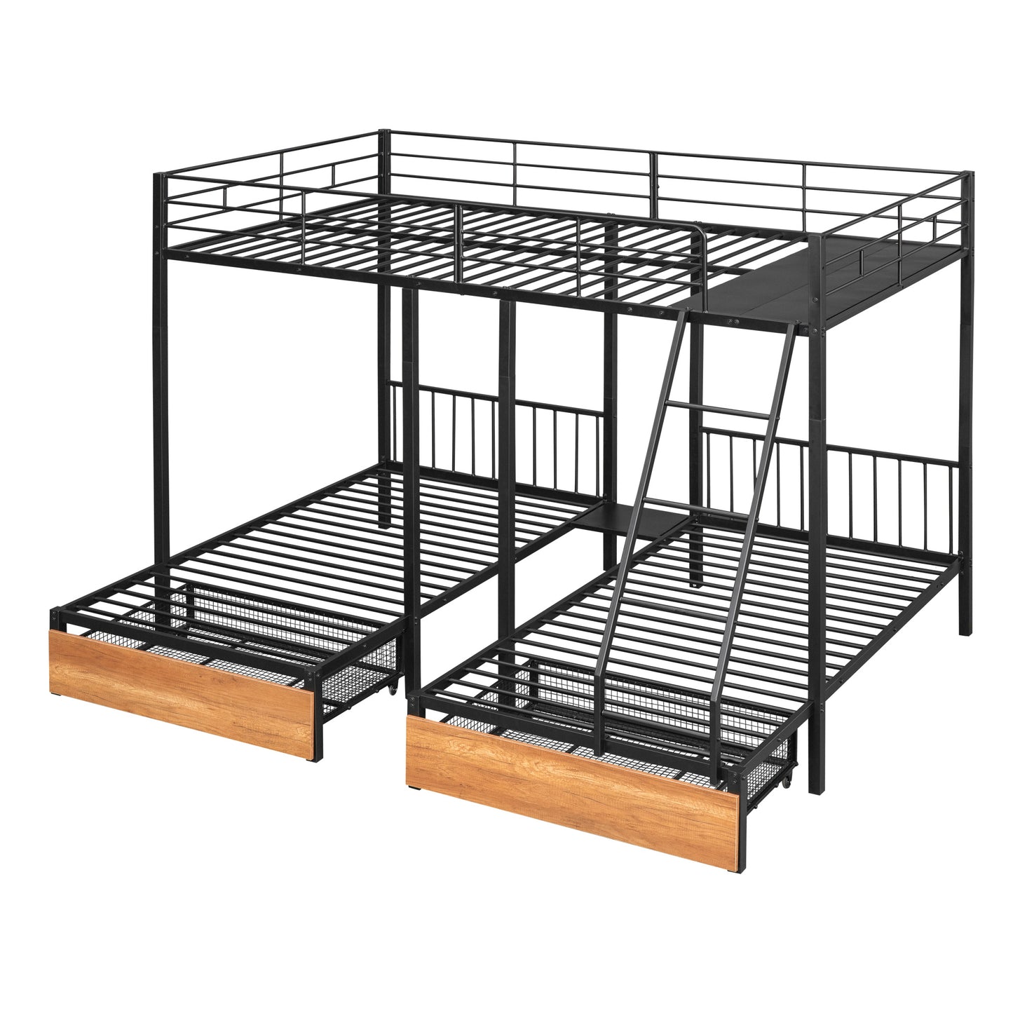 full over twin & twin bunk bed with drawers and guardrails, black