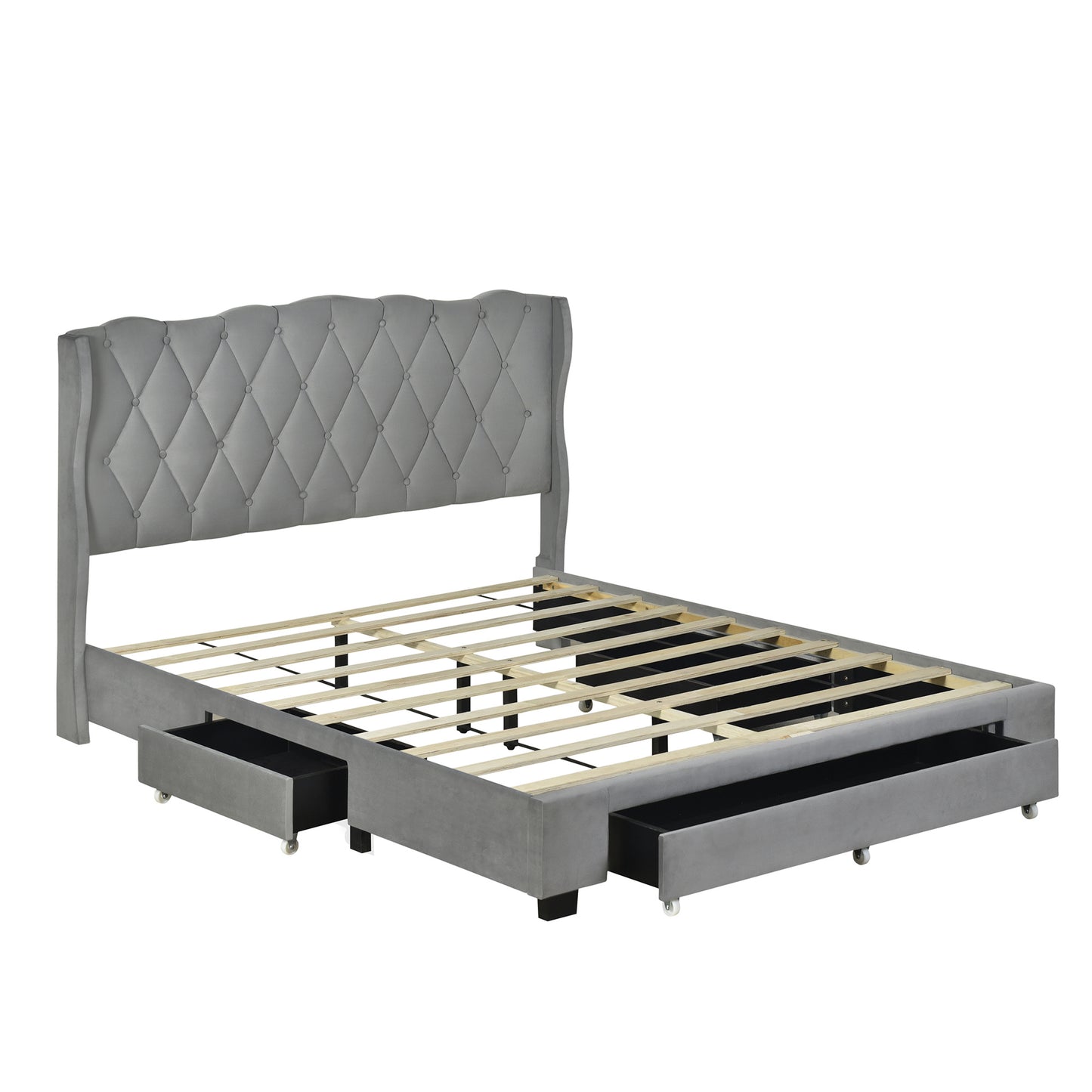velvet upholstered platform bed with tufted headboard and 3 drawers, gray