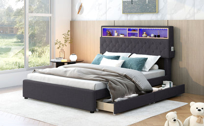 Full Size Upholstered Bed with Storage Headboard, LED, USB Charging and 2 Drawers, Dark Gray