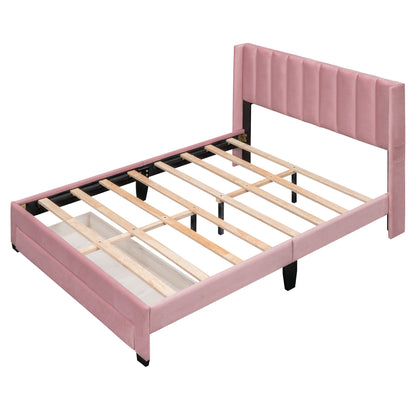 Velvet Upholstered Platform Bed with a Big Drawer - Pink