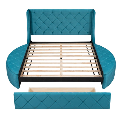 Upholstered Platform Storage Velvet Bed with Wingback Headboard, Blue