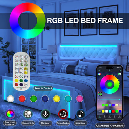 Velvet Upholstered Bed with Adjustable Colorful LED Light Decorative Headboard