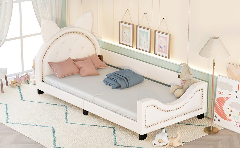 upholstered bed with carton ears shaped headboard, white