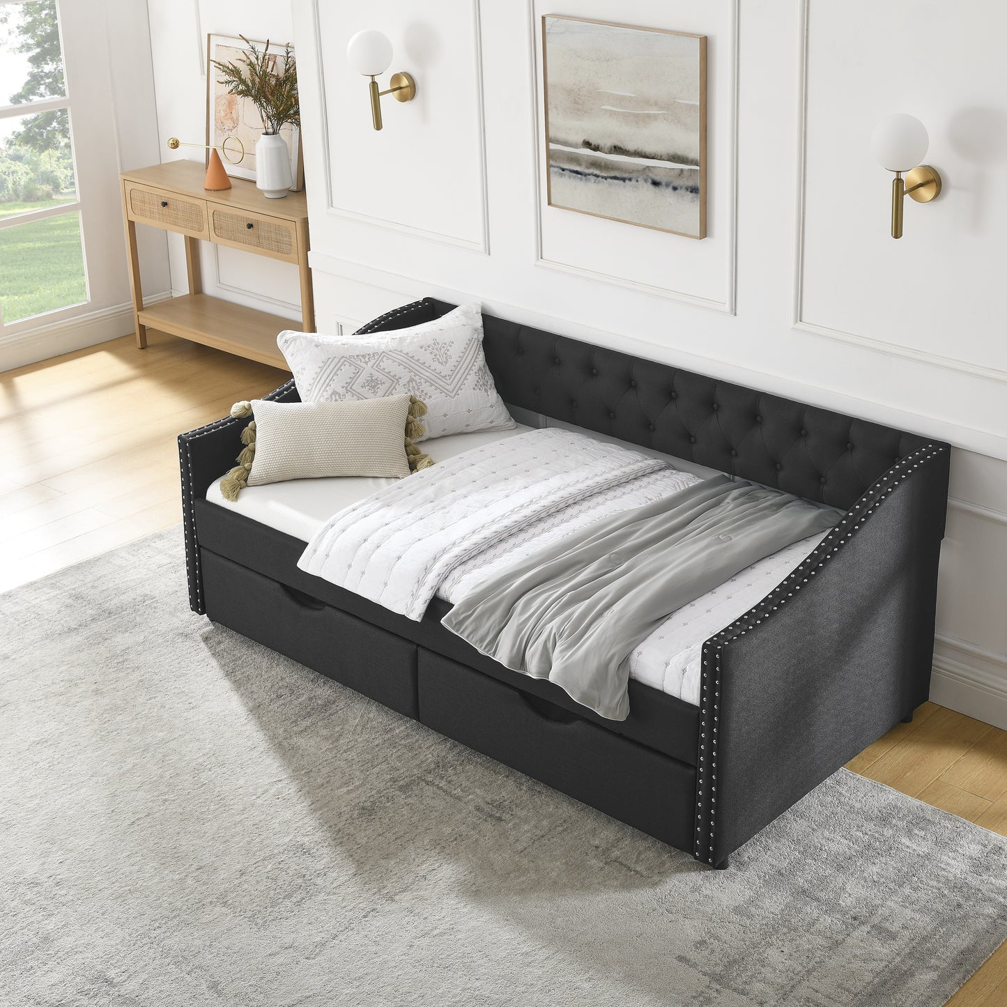 upholstered tufted sofa bed with drawers in black
