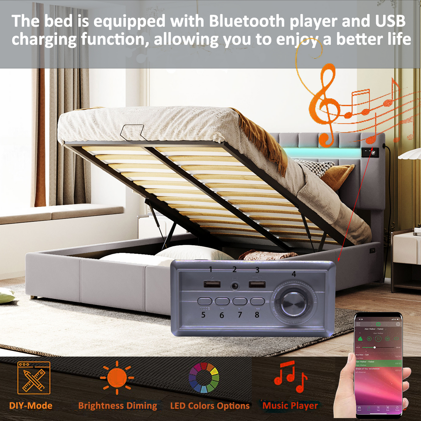 velvet upholstered hydraulic storage bed with led light, bluetooth player, and usb charging