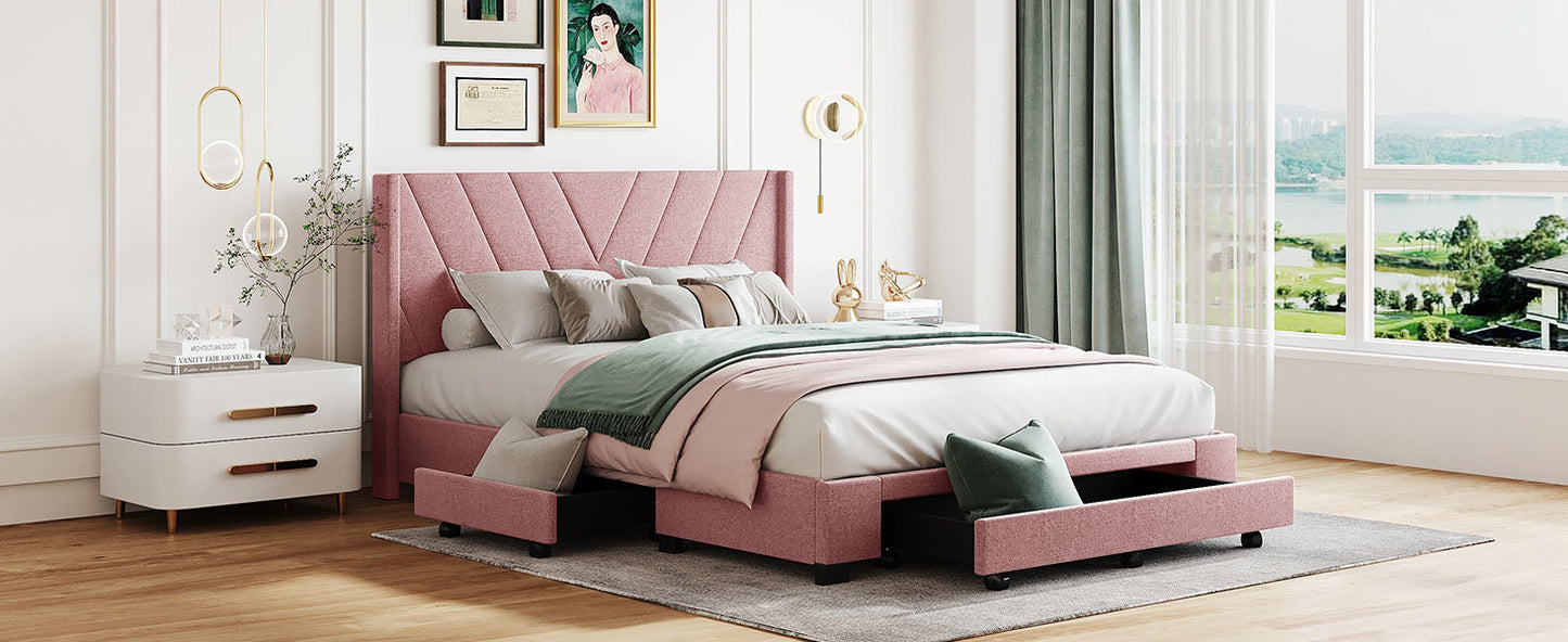 amber storage bed linen upholstered platform bed with 3 drawers (pink)