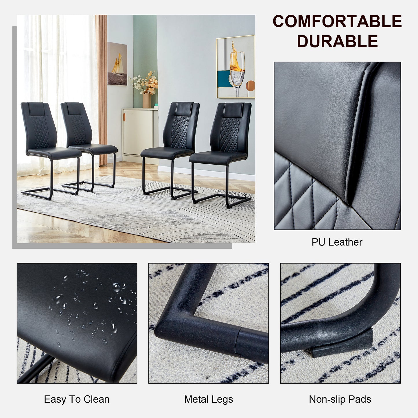 modern leather chairs set of 4, black+pu