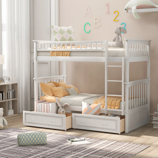 Twin over Twin Bunk Bed with Drawers, Convertible Beds, White