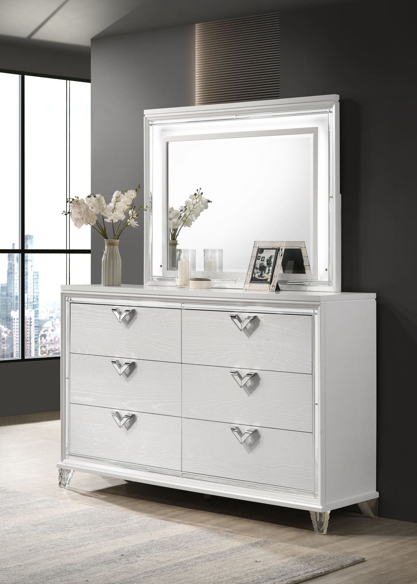 prism modern style 6-drawer dresser with mirror accent & v-shape handles in white