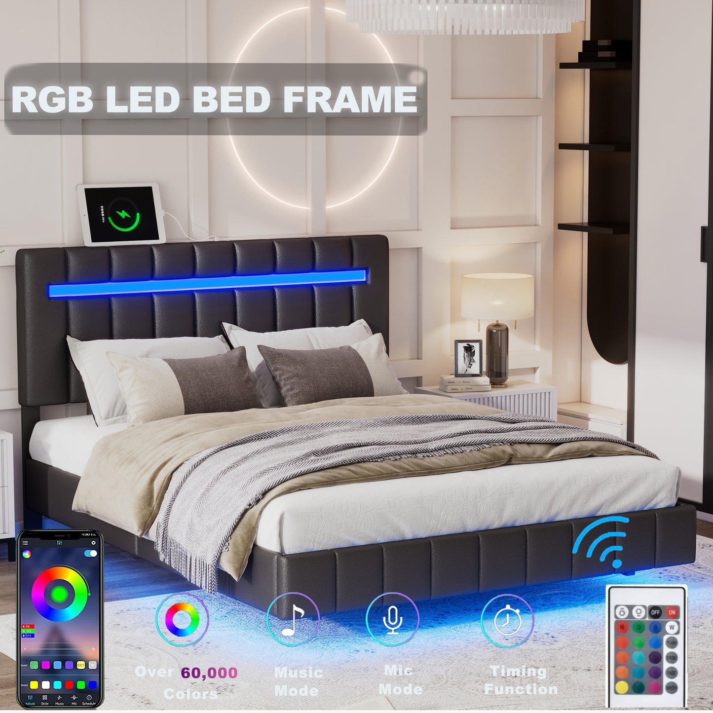 floating bed frame with led lights and usb charging