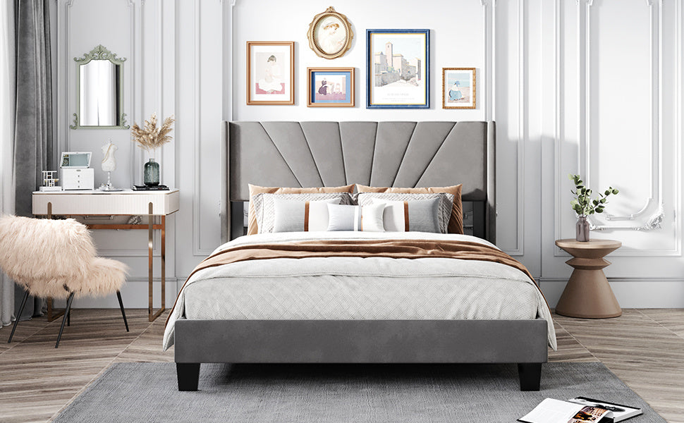 queen size velvet upholstered platform bed, grey