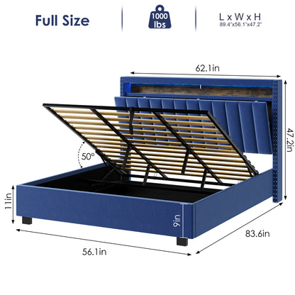 Luxury Gas Lift Storage Bed with RF LED Lights & Storage Headboard , Blue