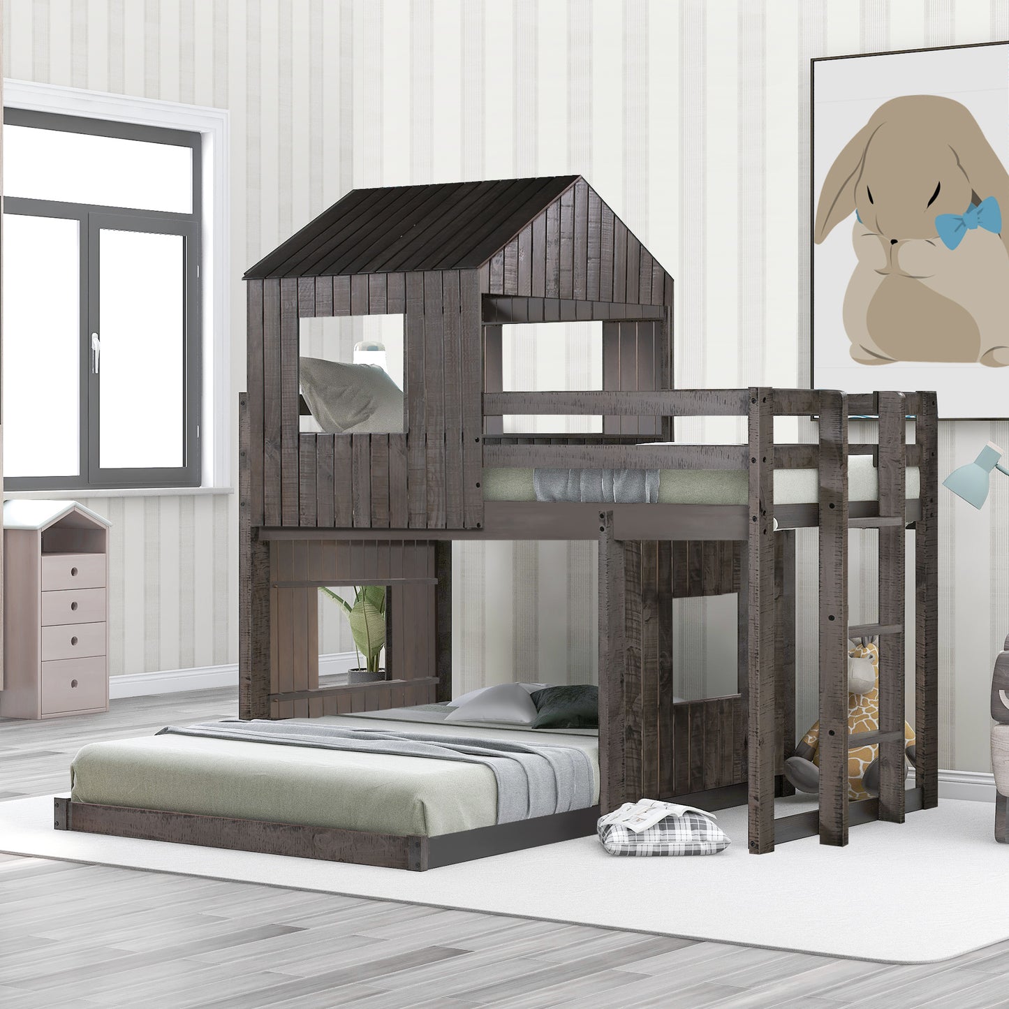 loft bed with playhouse, farmhouse, ladder and guardrails , antique gray