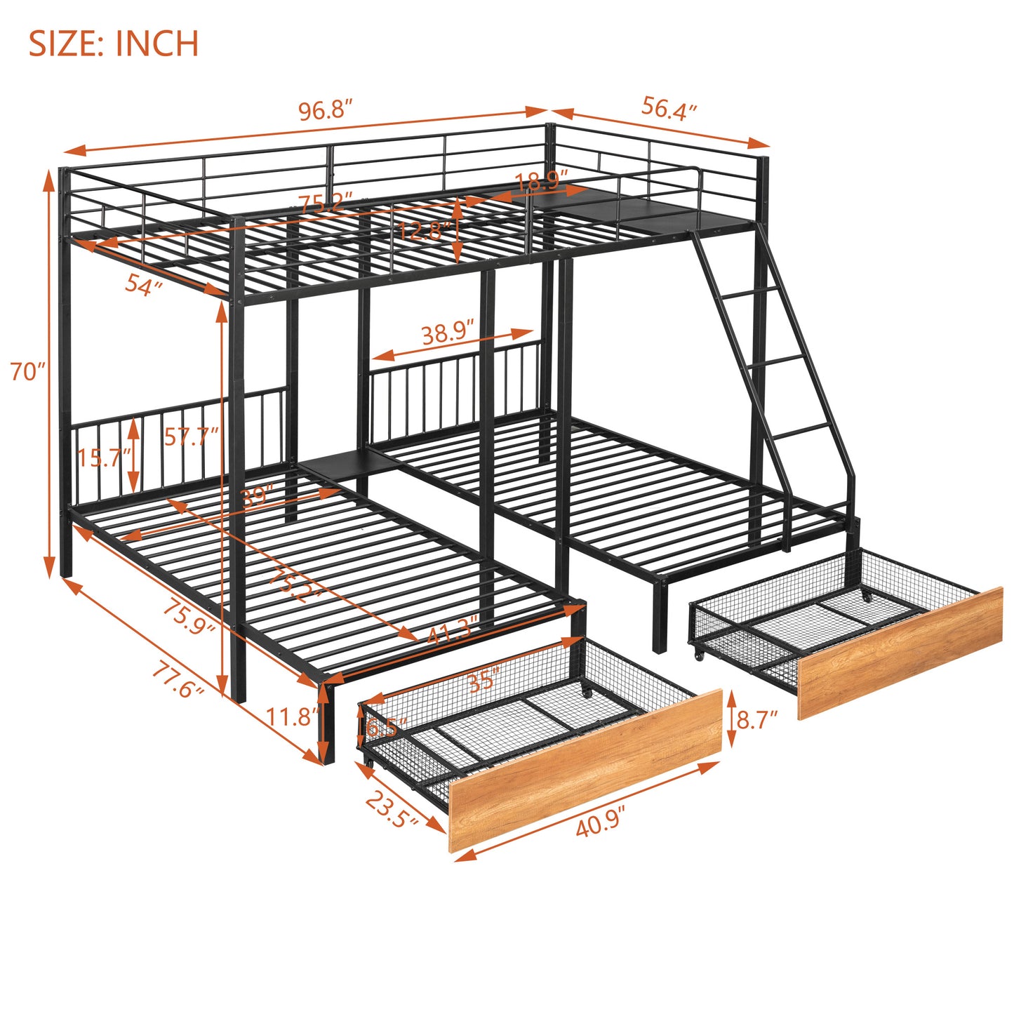 full over twin & twin bunk bed with drawers and guardrails, black