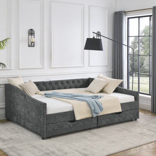 Morgan Queen Size Daybed with Drawers Upholstered Tufted Sofa Bed, Grey