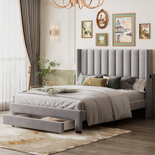 Velvet Upholstered Platform Bed with a Big Drawer - Gray