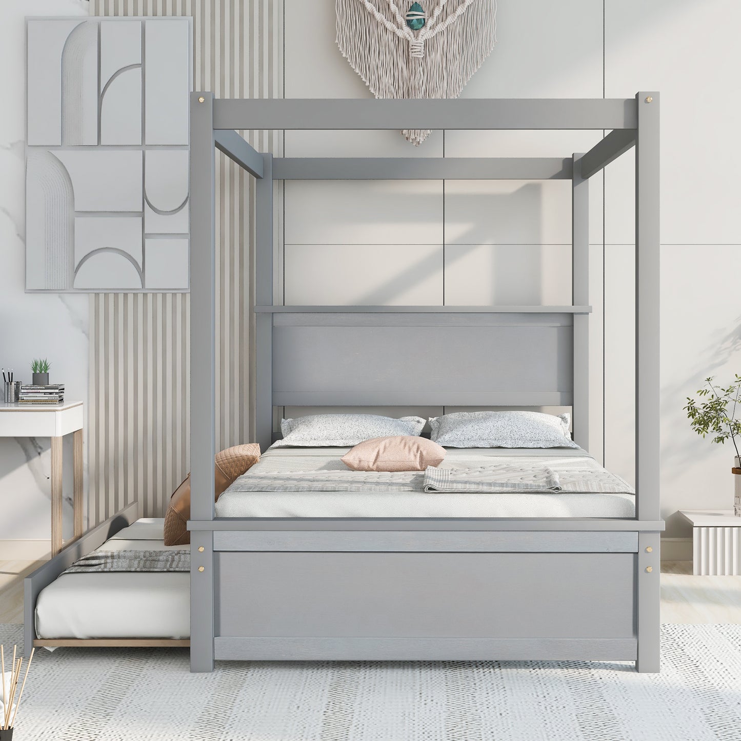 wood canopy bed with trundle