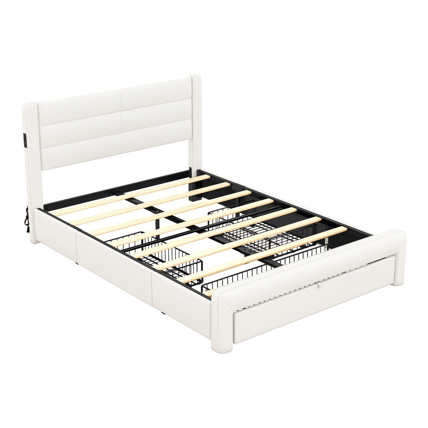 leather upholstered platform bed with drawer storage & charging station, white