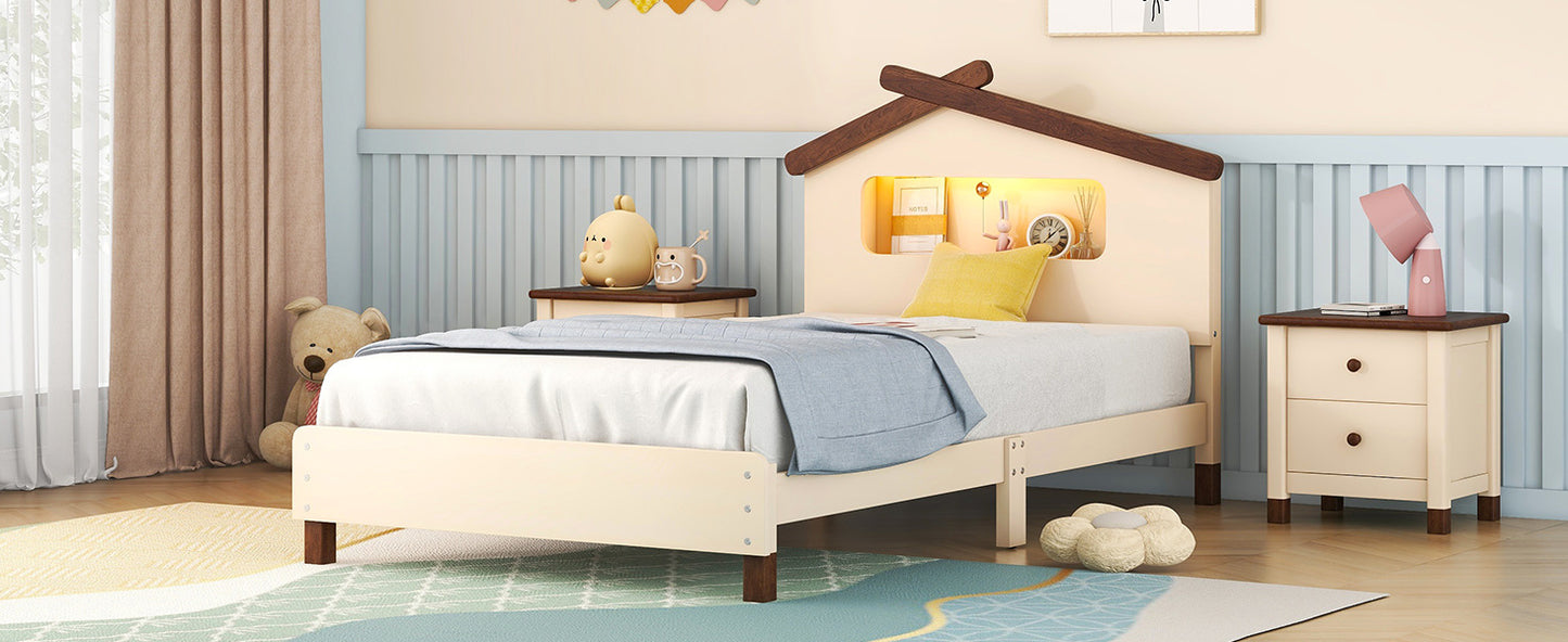 wood platform bed with house-shaped headboard and motion activated night lights, cream+walnut