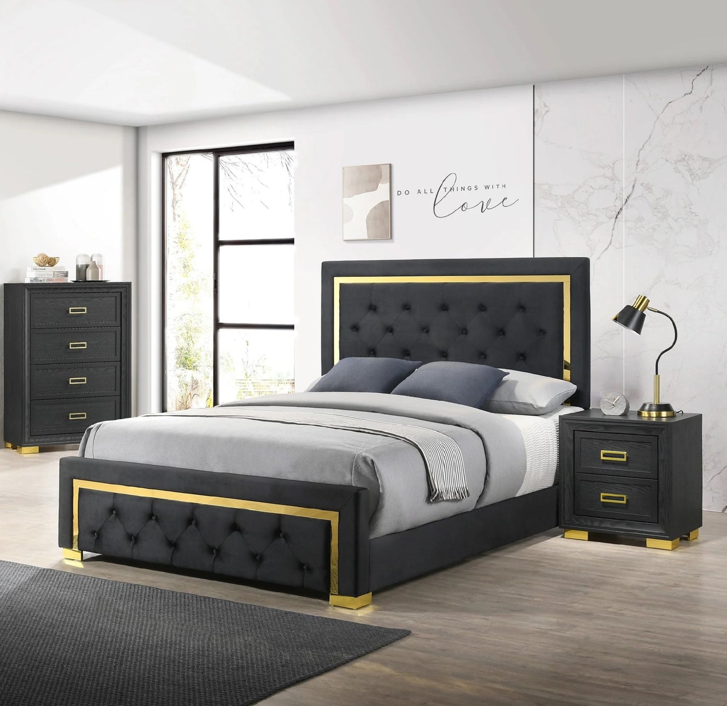 glam queen black fabric upholstered bed
