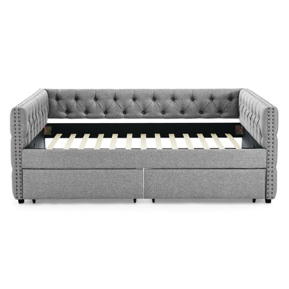 Upholstered Full Size Bed with Two Drawers, Grey