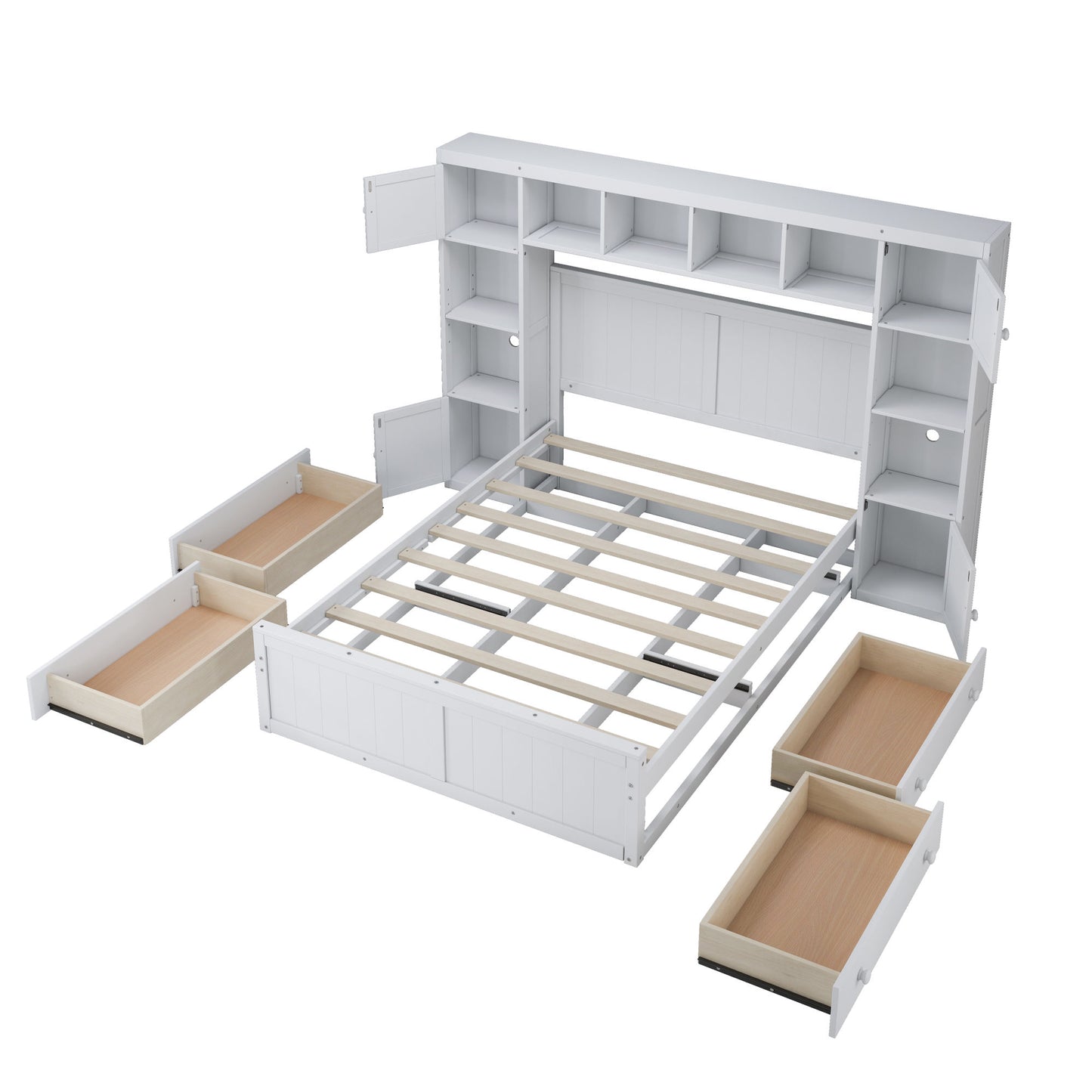 elegant and functional bed with 4 drawers and all-in-one cabinet and shelf, white
