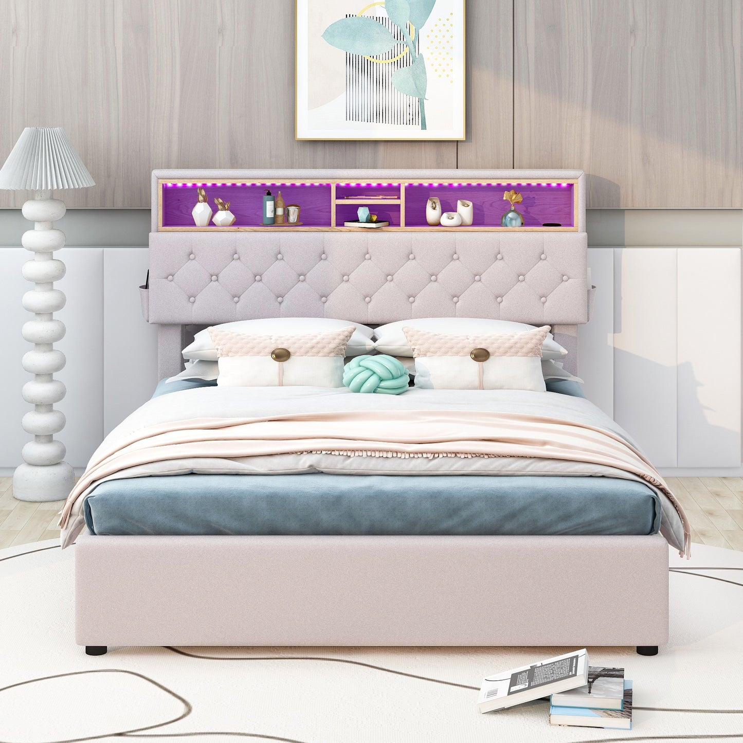 upholstered bed with storage headboard, led, usb charging and 2 drawers