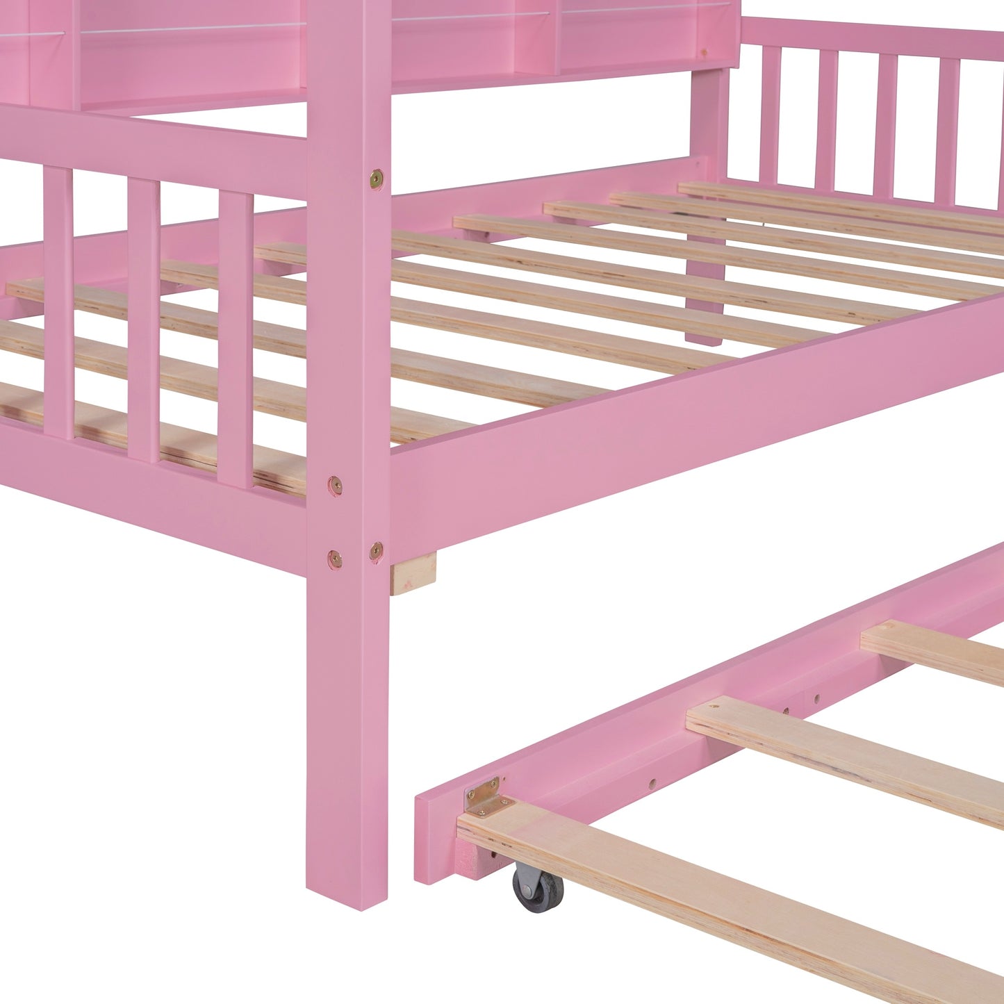 wooden house bed with trundle, pink