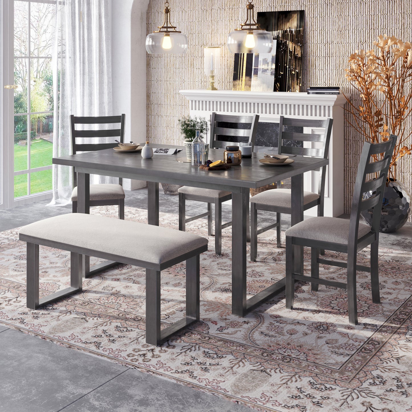 6-pieces solid wood dining table set