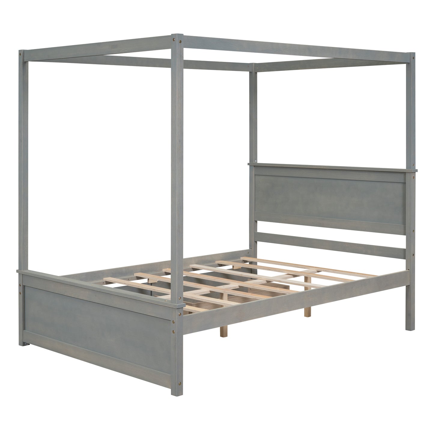 wood canopy bed with two drawers, grey
