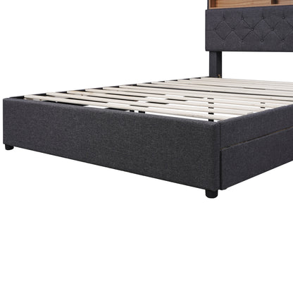 Upholstered Bed with Storage Headboard, LED, USB Charging and 2 Drawers