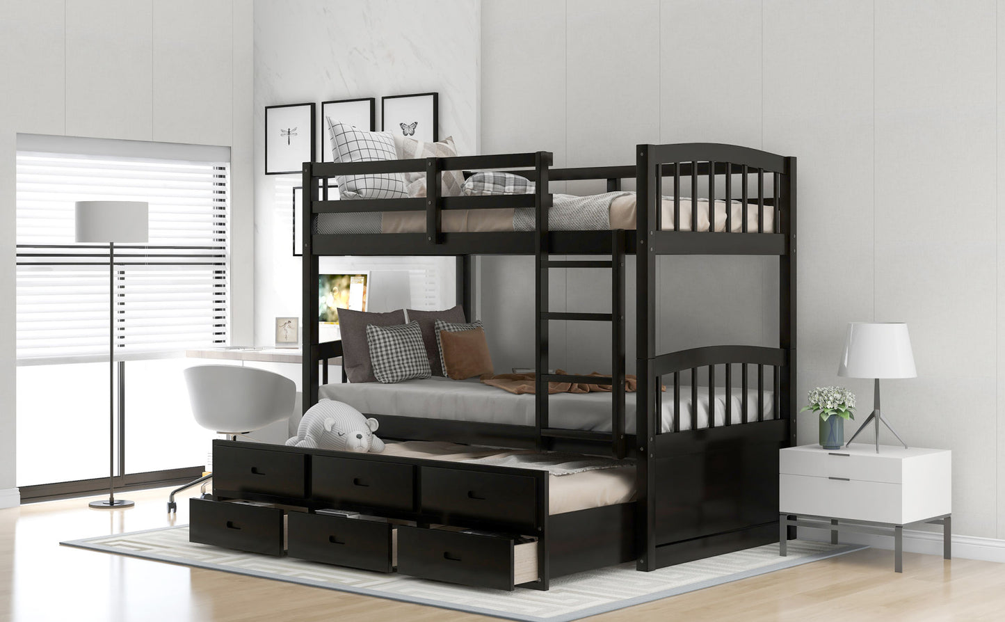 twin over twin wood bunk bed with trundle and drawers,white