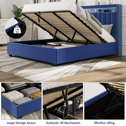 Luxury Gas Lift Storage Bed with RF LED Lights & Storage Headboard , Blue