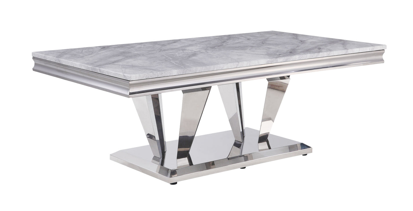 acme satinka coffee table, light gray printed faux marble & mirrored silver finish