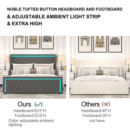 Velvet Upholstered Bed with Adjustable Colorful LED Light Decorative Headboard