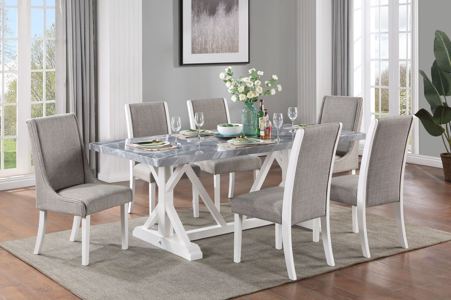 acme hollyn dining table, engineering stone & white finish