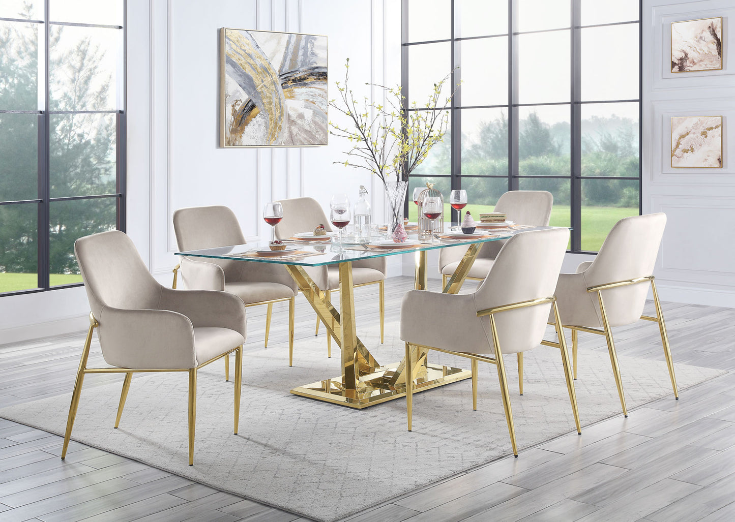 acme barnard dining table in clear glass & mirrored gold finish